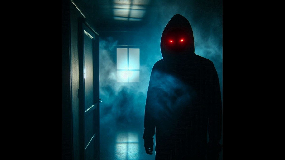 Shadow People: The Unseen Watchers A shadowy humanoid figure with glowing red eyes standing in a dark room, partially obscured by shadows.