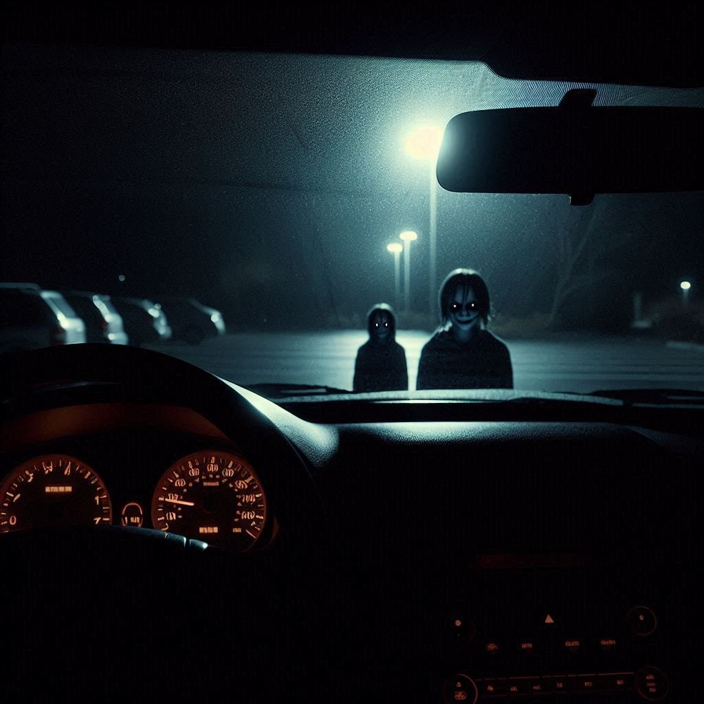 Two black-eyed children standing near a parked car under a flickering streetlight.
