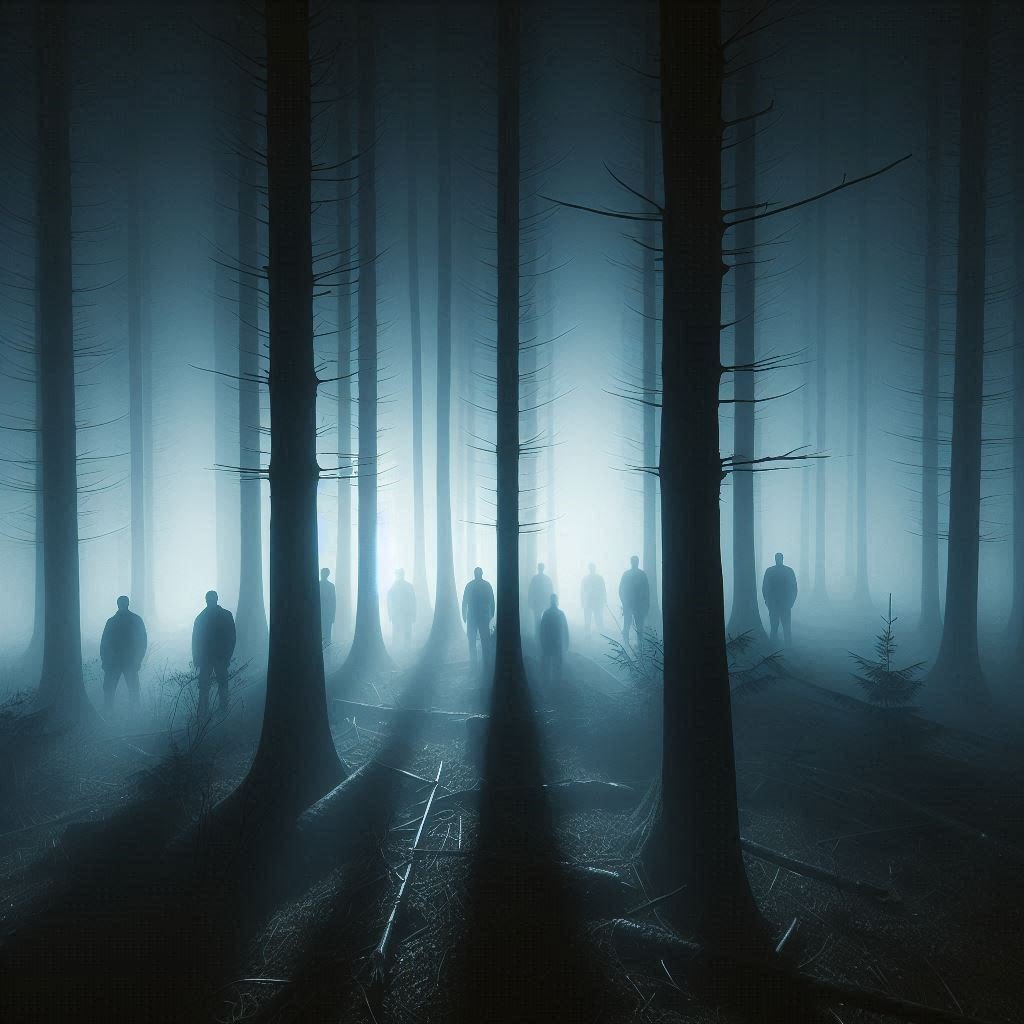 A foggy forest at night with shadow figures lurking among the trees.