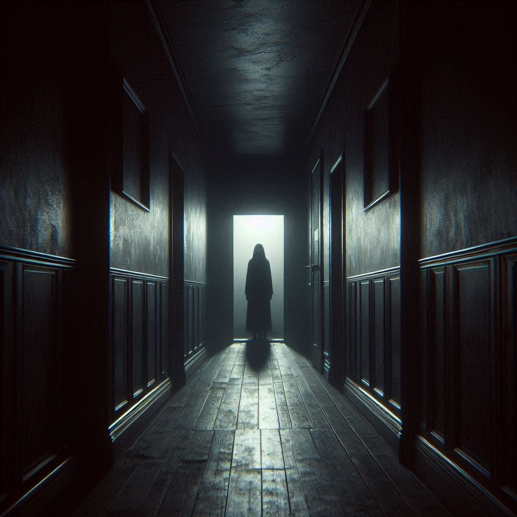 A mysterious dark figure standing at the far end of a dimly lit hallway.