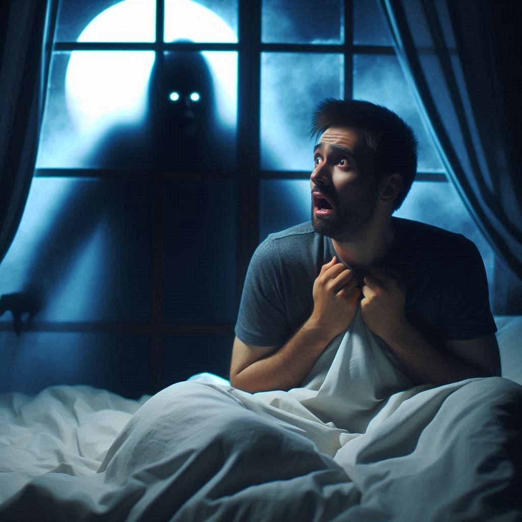 A dark shadow figure looming over a terrified person in bed, illuminated by moonlight.