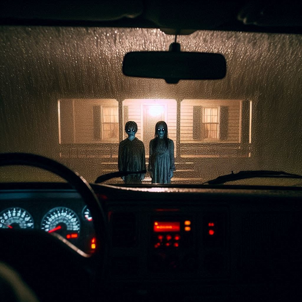 Two eerie children with black eyes standing outside a rain-soaked rural house at night.