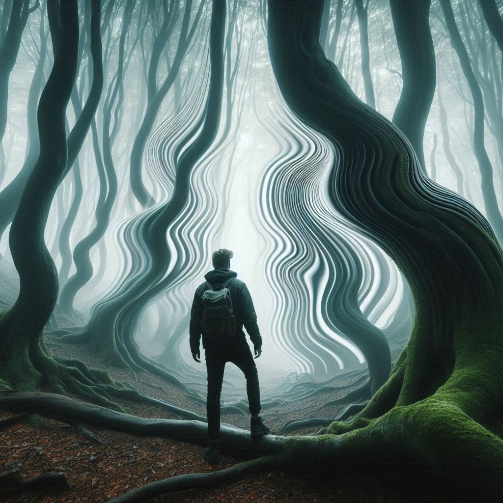 A person experiencing time distortion in Hoia Baciu Forest, symbolized by a surreal wavy effect.