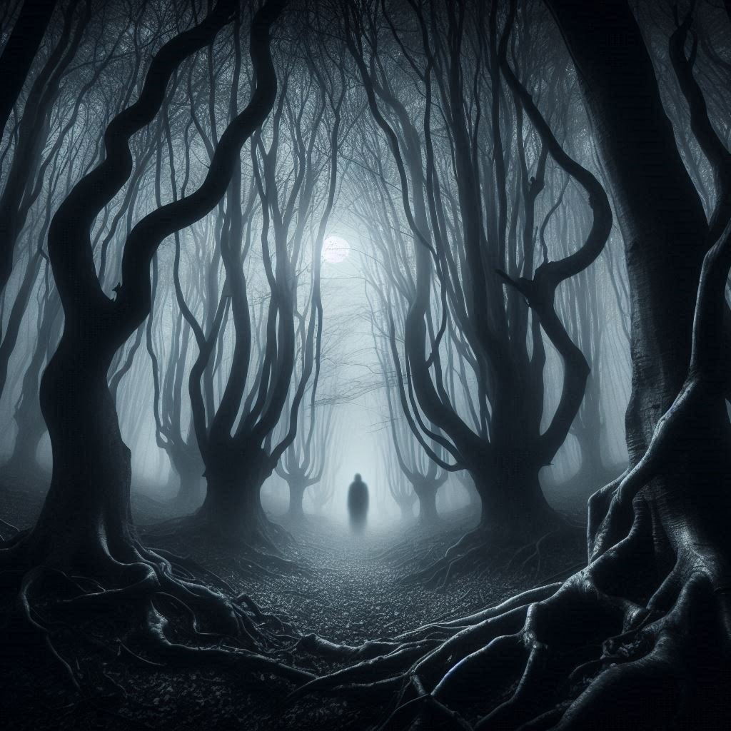 A foggy night in Hoia Baciu Forest, Romania, with twisted trees and an eerie atmosphere.