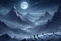 A mysterious, moonlit view of the Dyatlov Pass, evoking an unsettling and eerie atmosphere.