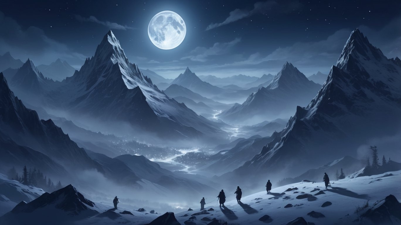 A mysterious, moonlit view of the Dyatlov Pass, evoking an unsettling and eerie atmosphere.