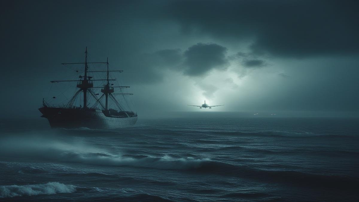 Mysteries of the Bermuda Triangle: Vanishing Ships and Planes A dark and stormy depiction of the Bermuda Triangle, showing a ghostly ship vanishing into the fog while an airplane is pulled into a mysterious vortex in the sky.