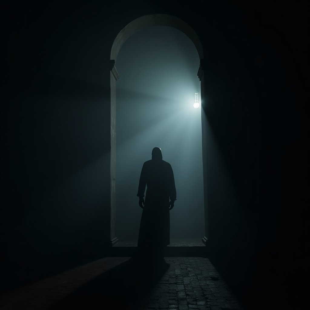 A haunted colonial-era building with a shadowy, headless figure lurking in the mist.