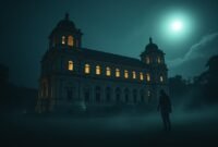 Lawang Sewu at night, bathed in dim moonlight, with fog covering the ground. A ghostly, shadowy figure with an obscured or missing face is faintly visible in the darkness, creating an unsettling and eerie atmosphere.