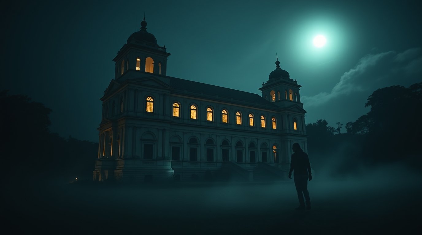 Lawang Sewu at night, bathed in dim moonlight, with fog covering the ground. A ghostly, shadowy figure with an obscured or missing face is faintly visible in the darkness, creating an unsettling and eerie atmosphere. Lawang Sewu at night, bathed in dim moonlight, with fog covering the ground. A ghostly, shadowy figure with an obscured or missing face is faintly visible in the darkness, creating an unsettling and eerie atmosphere.