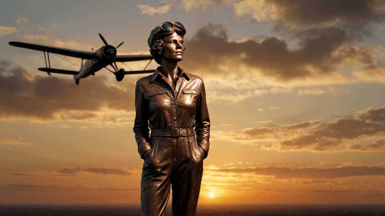 A statue honoring Amelia Earhart, symbolizing her courage and legacy.