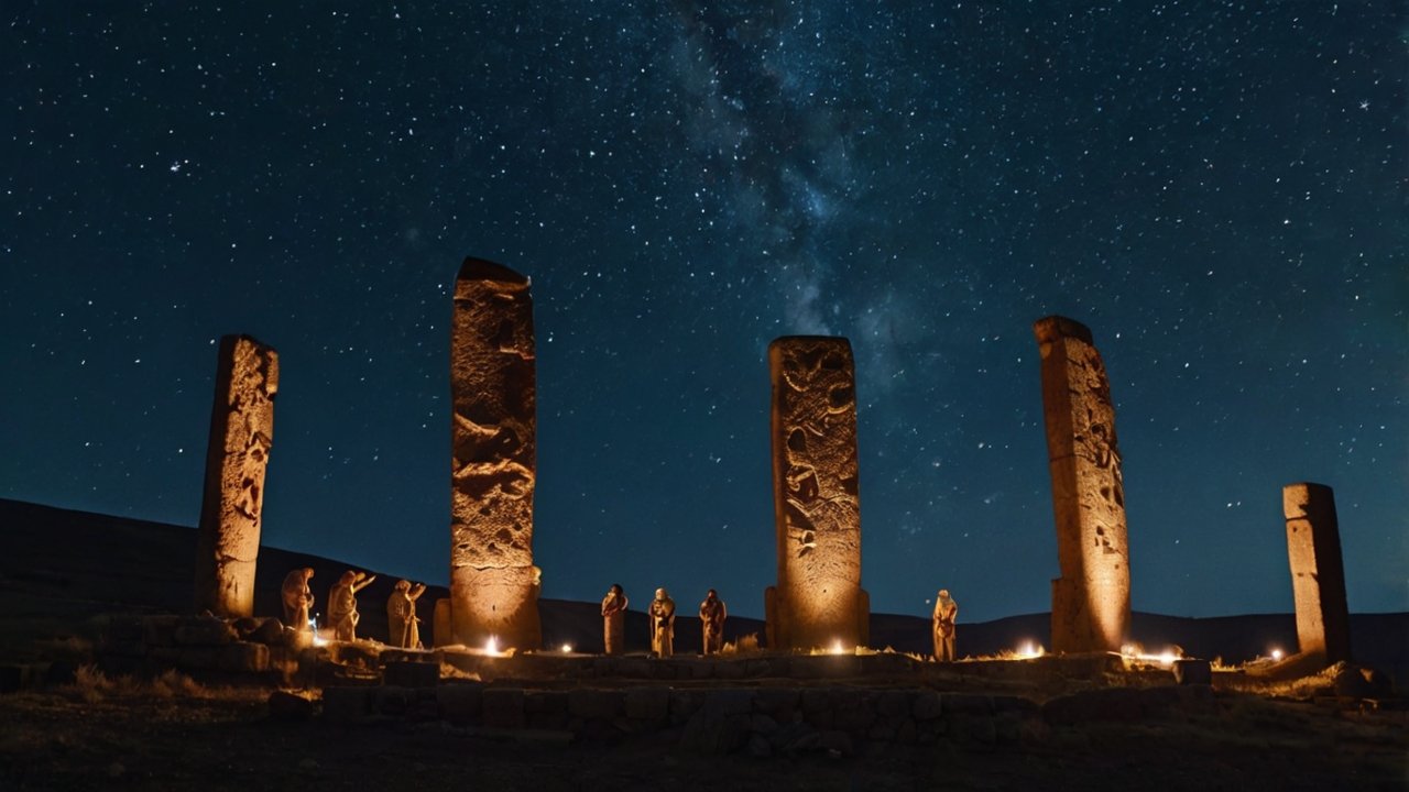 A gathering of ancient people at Göbekli Tepe under a star-filled sky, possibly for religious rituals