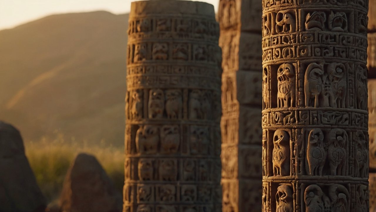 A carved stone pillar at Göbekli Tepe featuring intricate depictions of animals and symbols.