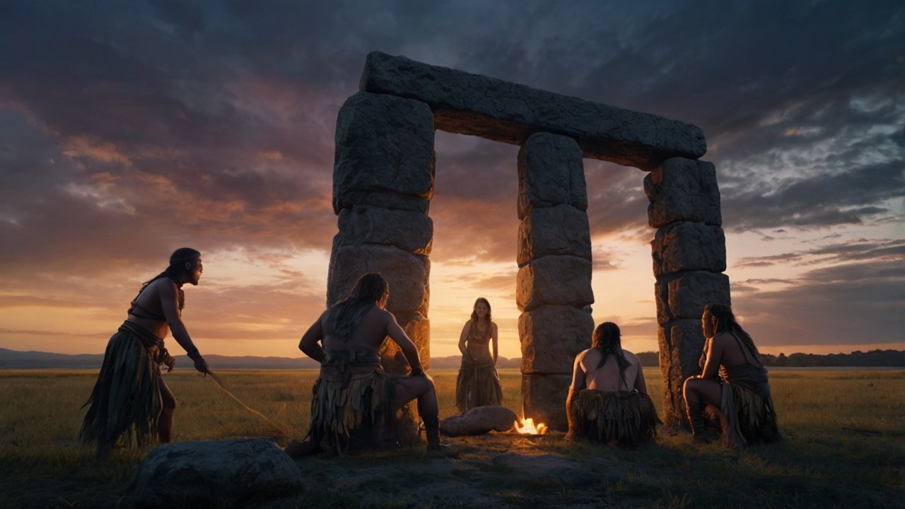 Ancient people performing rituals around a massive stone pillar at Göbekli Tepe.