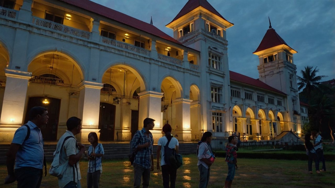 Tourists visiting Lawang Sewu at dusk, some appearing nervous as they explore the haunted site.