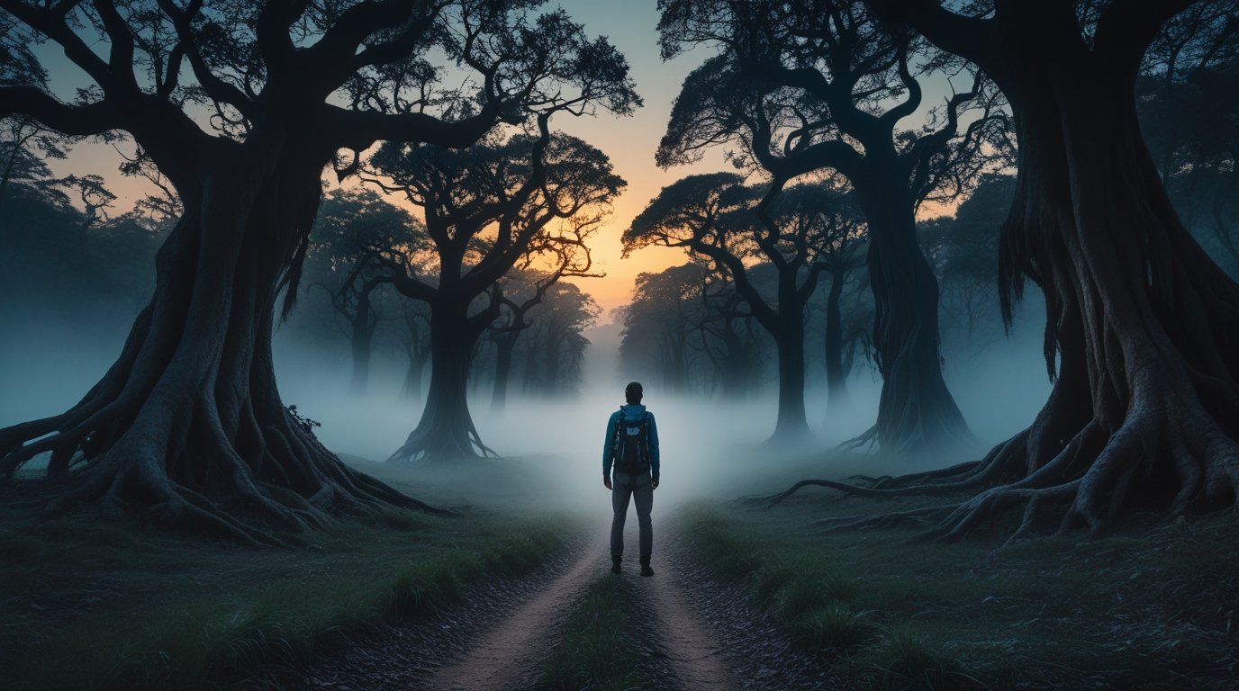 A traveler hesitating at the entrance of Hoia Baciu Forest, surrounded by an eerie dusk light.