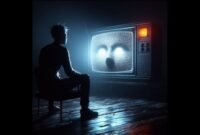 Cursed YouTube videos depicted as a shadow figure watching haunted static on TV