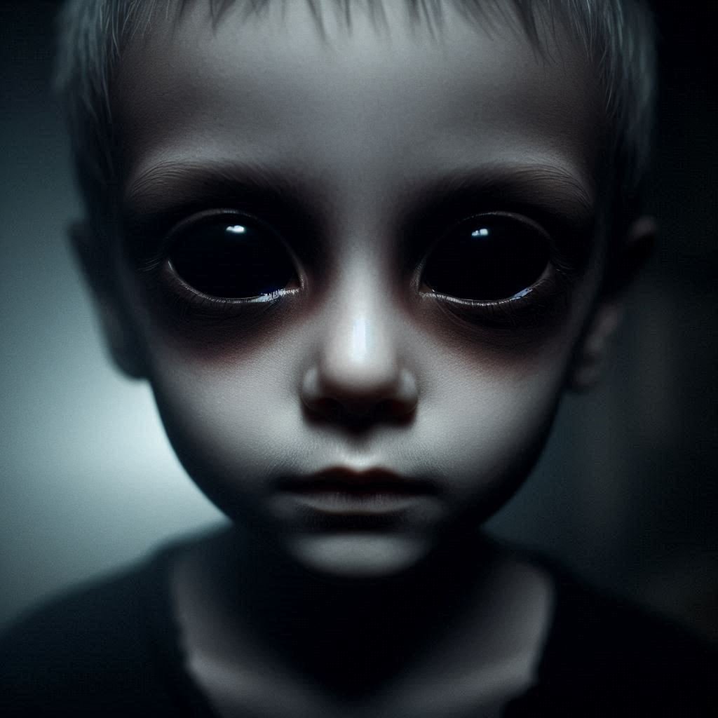 A pale child with completely black eyes staring blankly ahead.