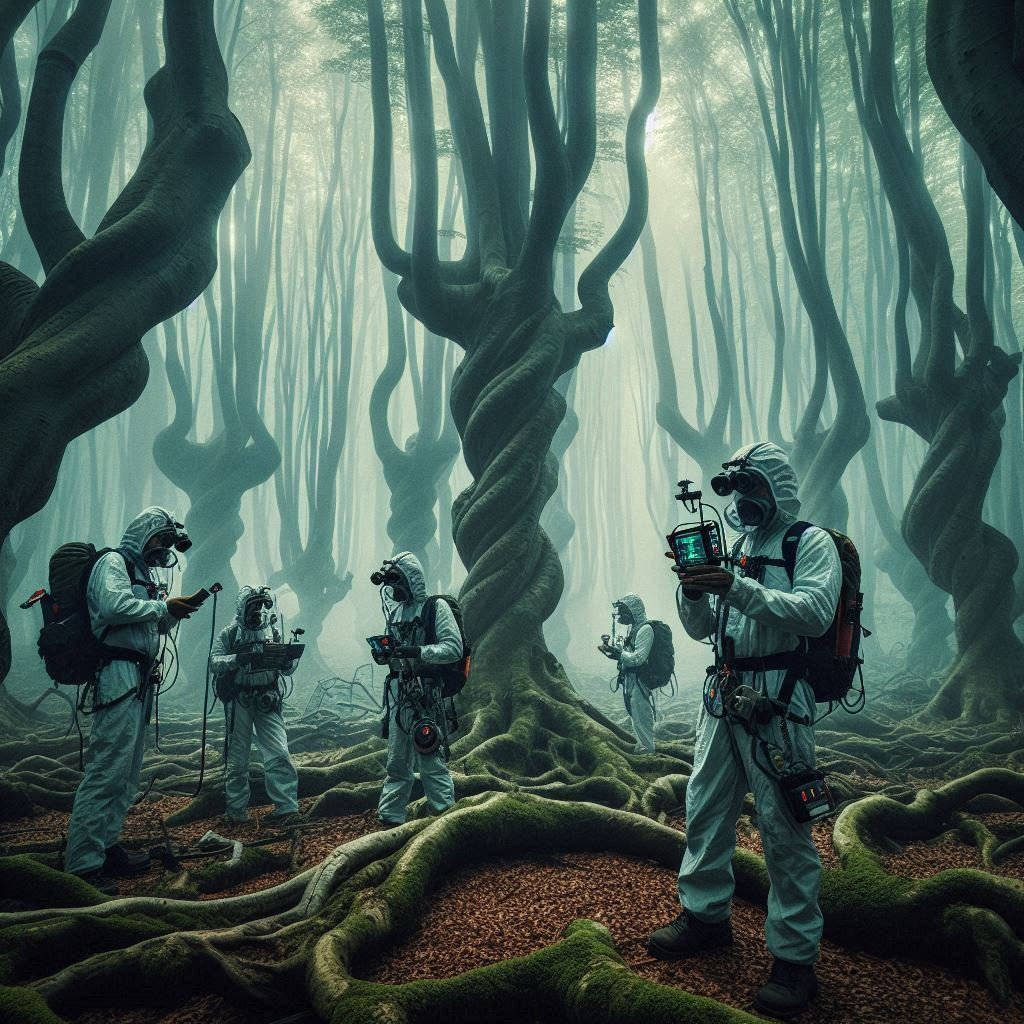 Scientists conducting paranormal research in Hoia Baciu Forest with advanced measuring equipment.