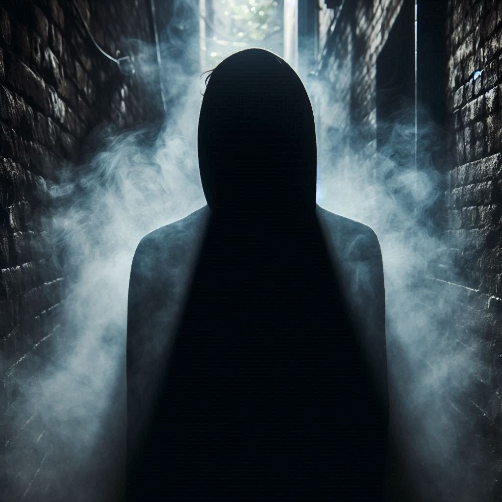 A faceless humanoid shadow blending into the darkness of a haunted alleyway.