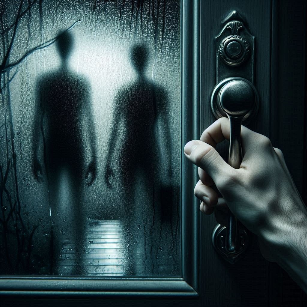 A hand hesitating to open a door while two eerie figures stand outside.