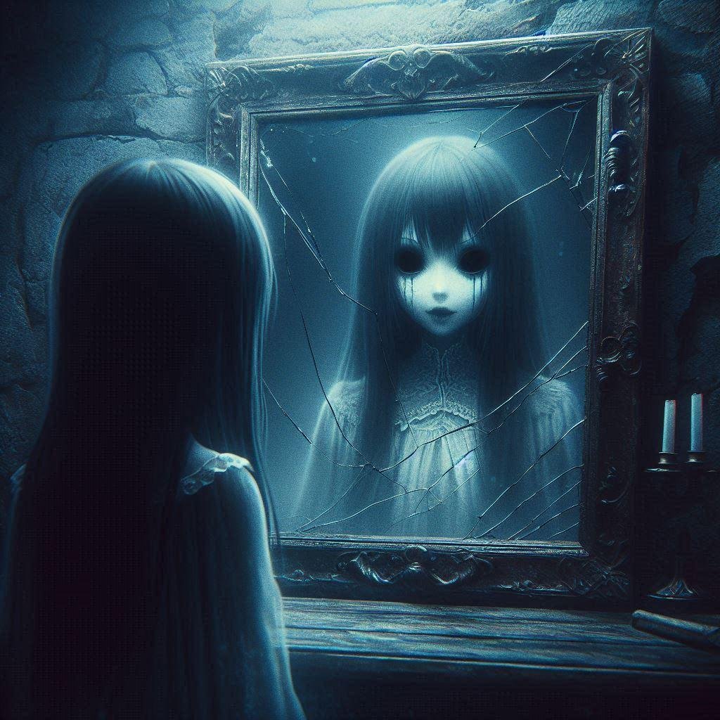 The Haunted Reflection of Bloody Mary A ghostly woman emerging from a cracked mirror, representing the legend of Bloody Mary.