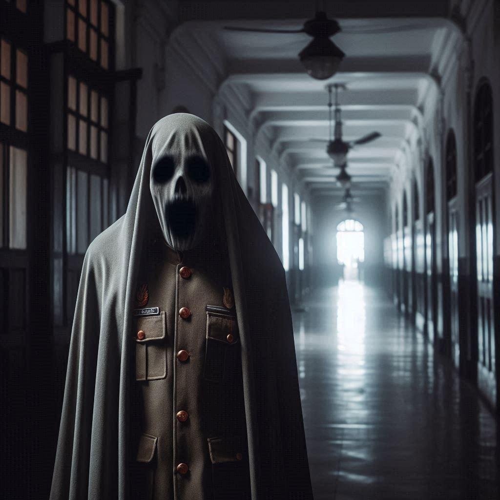 A headless ghost in a military uniform haunting a dark corridor of Lawang Sewu.
