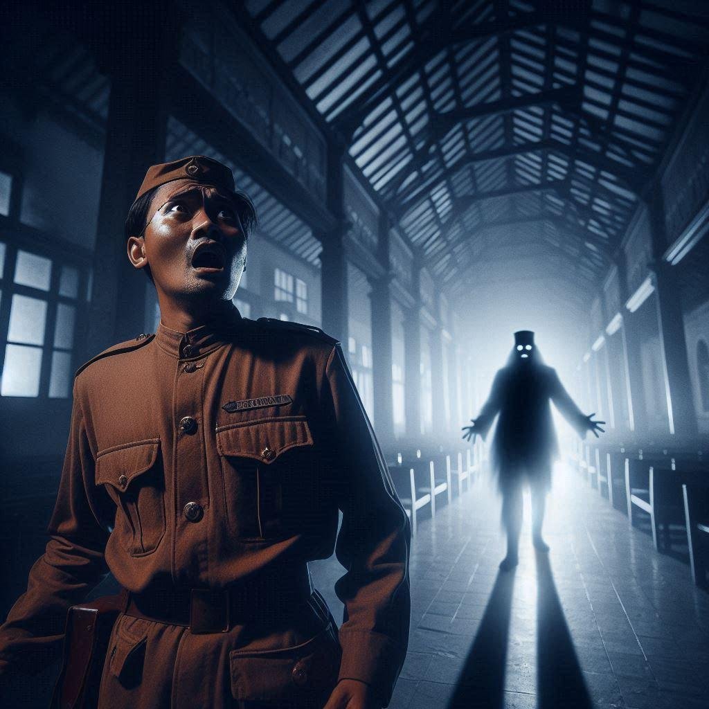 A frightened night guard encountering a ghostly headless figure in the dark corridors of Lawang Sewu.