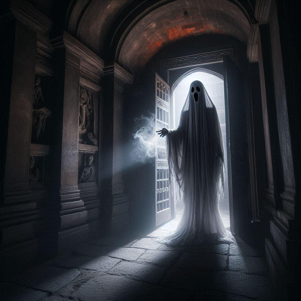 A ghostly figure at the entrance of a dungeon, appearing lost and restless.
