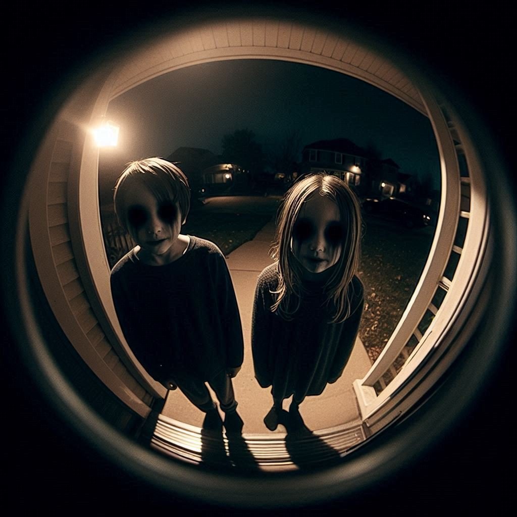 Two eerie children with black eyes standing on a dark suburban porch at night.