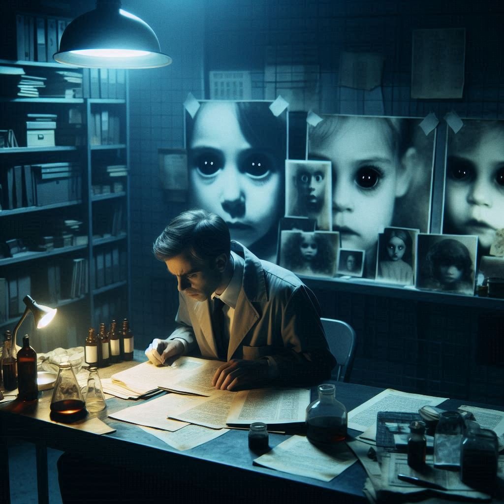 A scientist in a dim lab analyzing eerie photographs of black-eyed children.