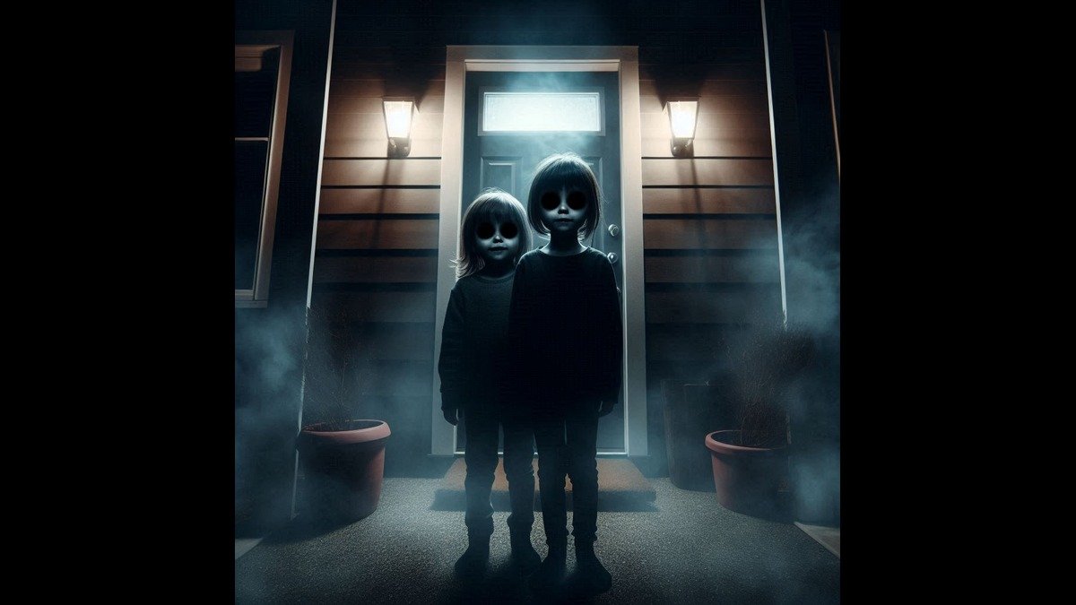 The Black-Eyed Children: The Eerie Visitors Who Should Not Be Trusted Two black-eyed children standing at a dark suburban doorstep at night.