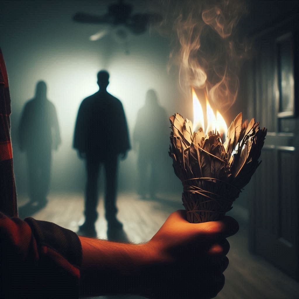 A person using a lit sage bundle to ward off a shadow figure in a dimly lit room.
