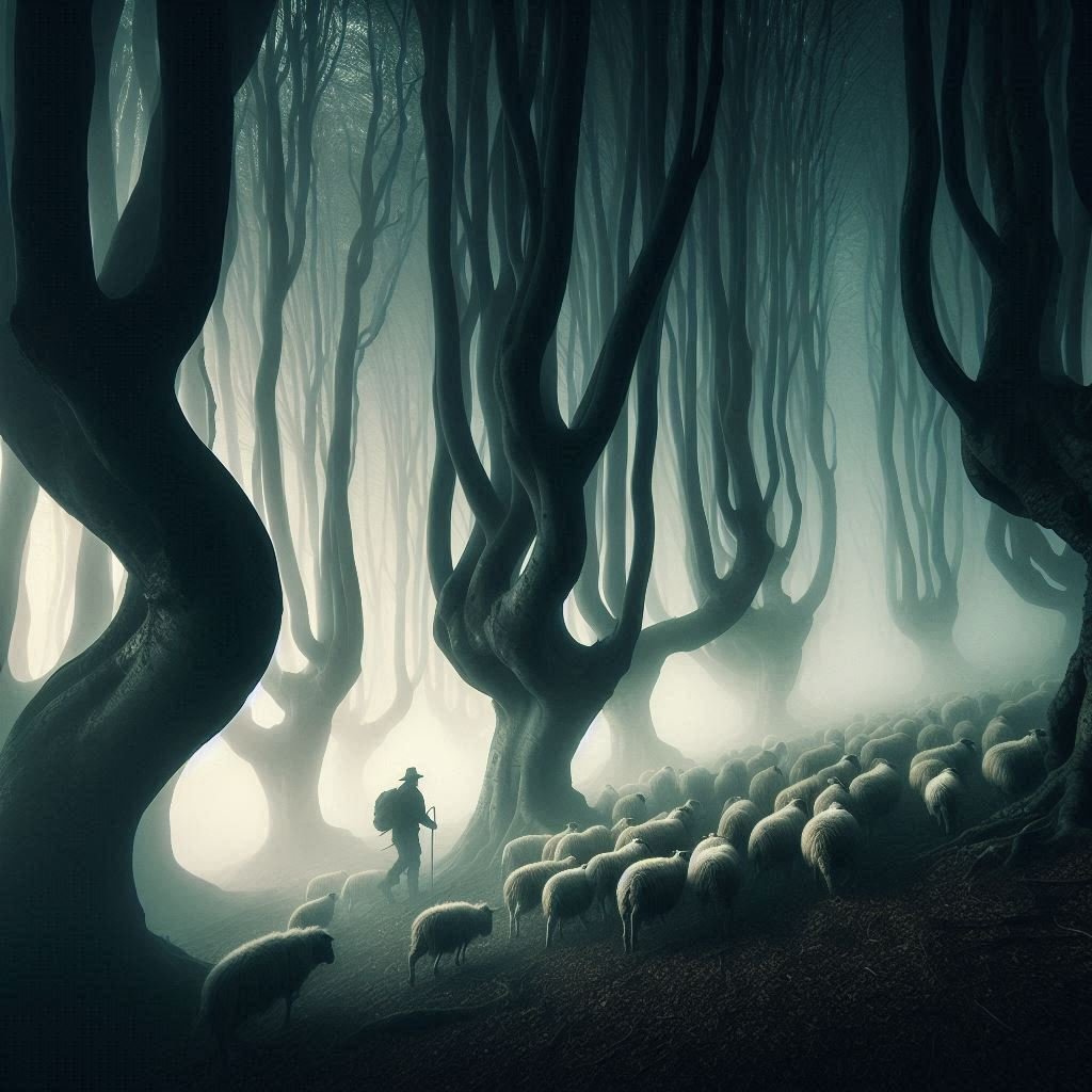 A shepherd and his flock disappearing into the misty depths of Hoia Baciu Forest.