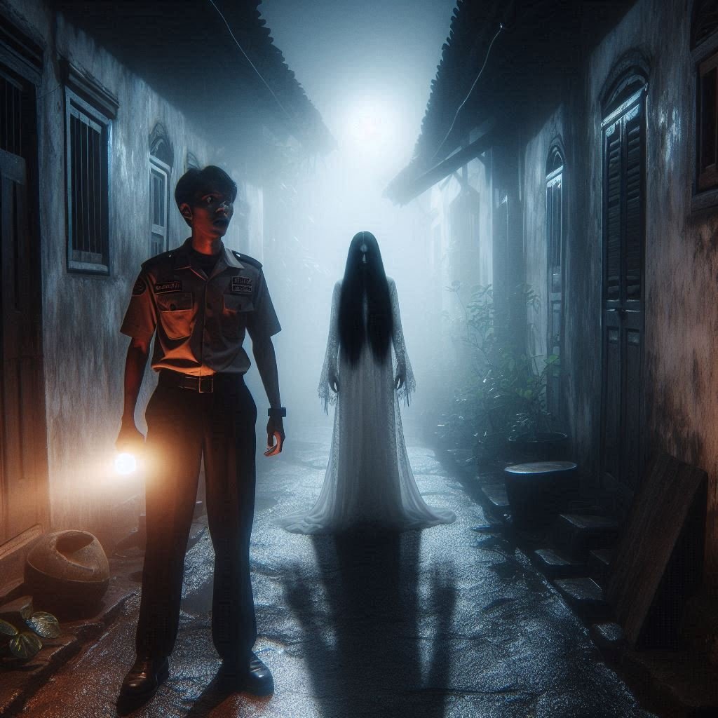 A frightened security guard facing a ghostly woman in a dark alley.