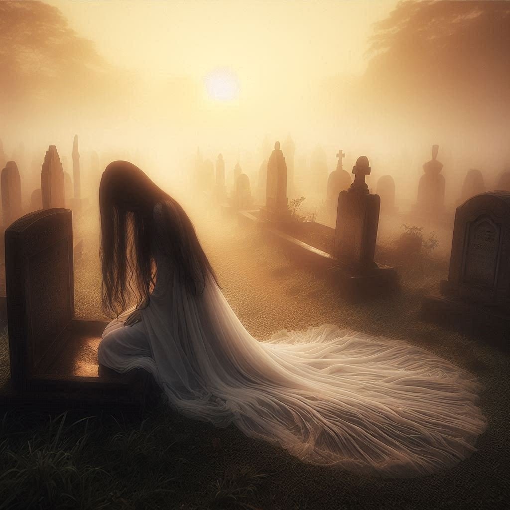 A ghostly woman kneeling by a grave in a misty cemetery