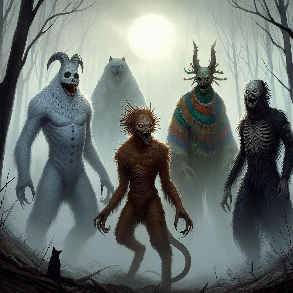 Depictions of global Boogeyman legends gathering in a forest