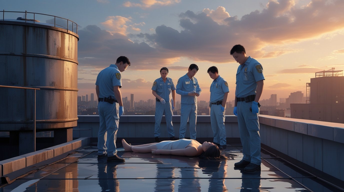 Forensic team finds Elisa Lam body rooftop semi realistic digital painting