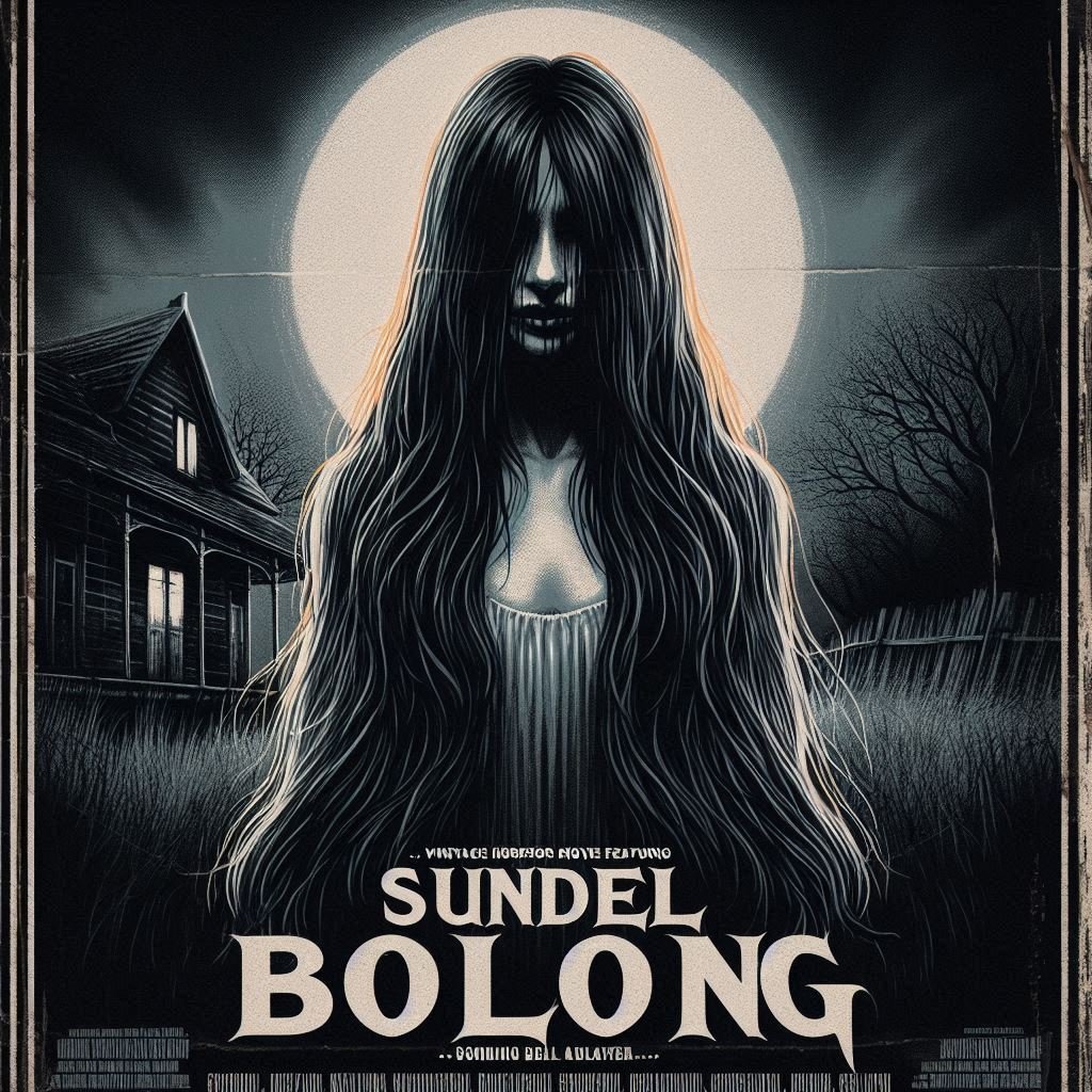 A vintage horror movie poster featuring Sundel Bolong in front of an abandoned house