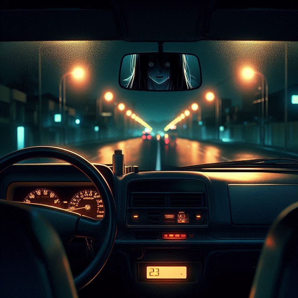 A ghostly woman sitting in the backseat of a taxi on a dark street.