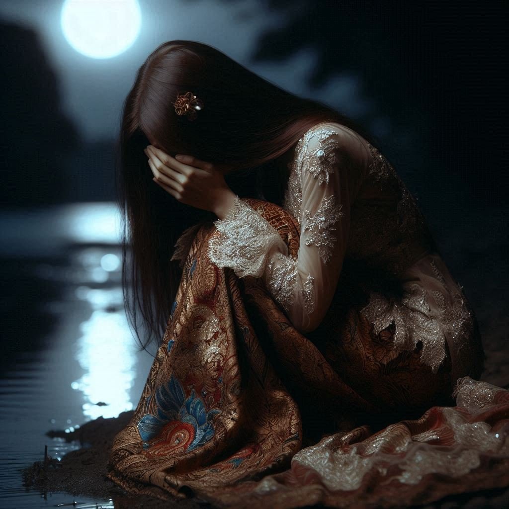 A grieving woman kneeling by a riverbank under the moonlight.